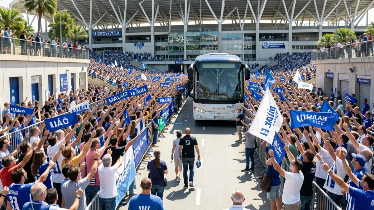 Generic image of fans receiving the Málaga CF football team upon arrival at the stadium.