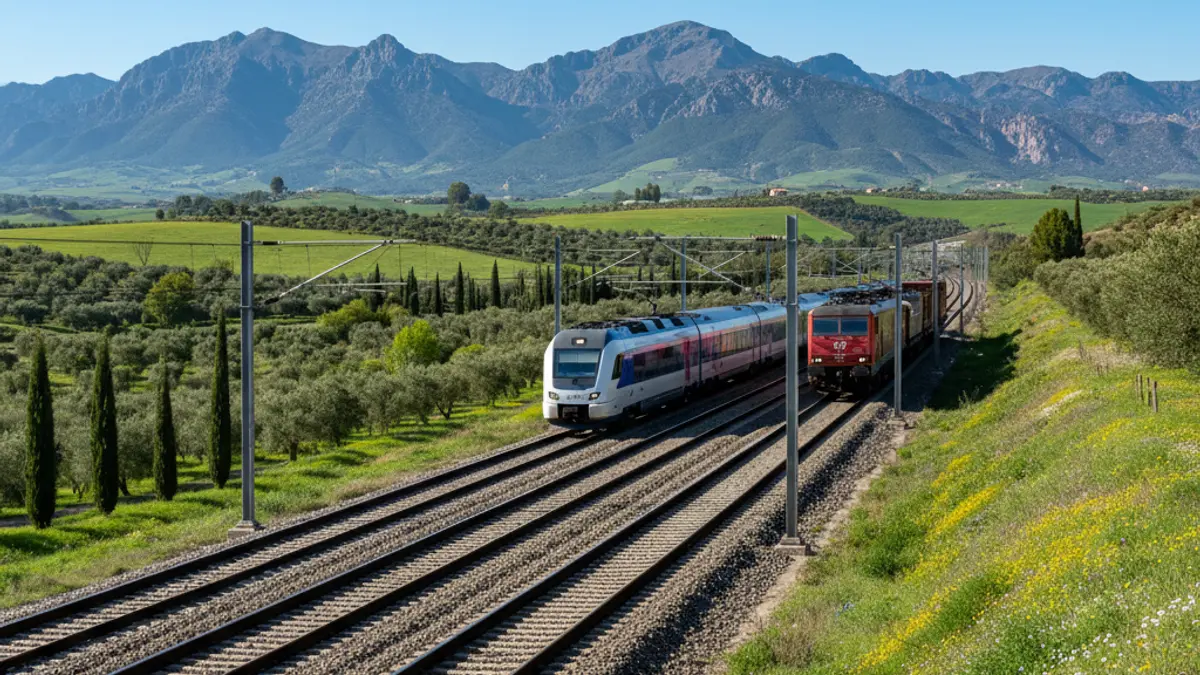 Generic image of a modern railway track in an Andalusian landscape.