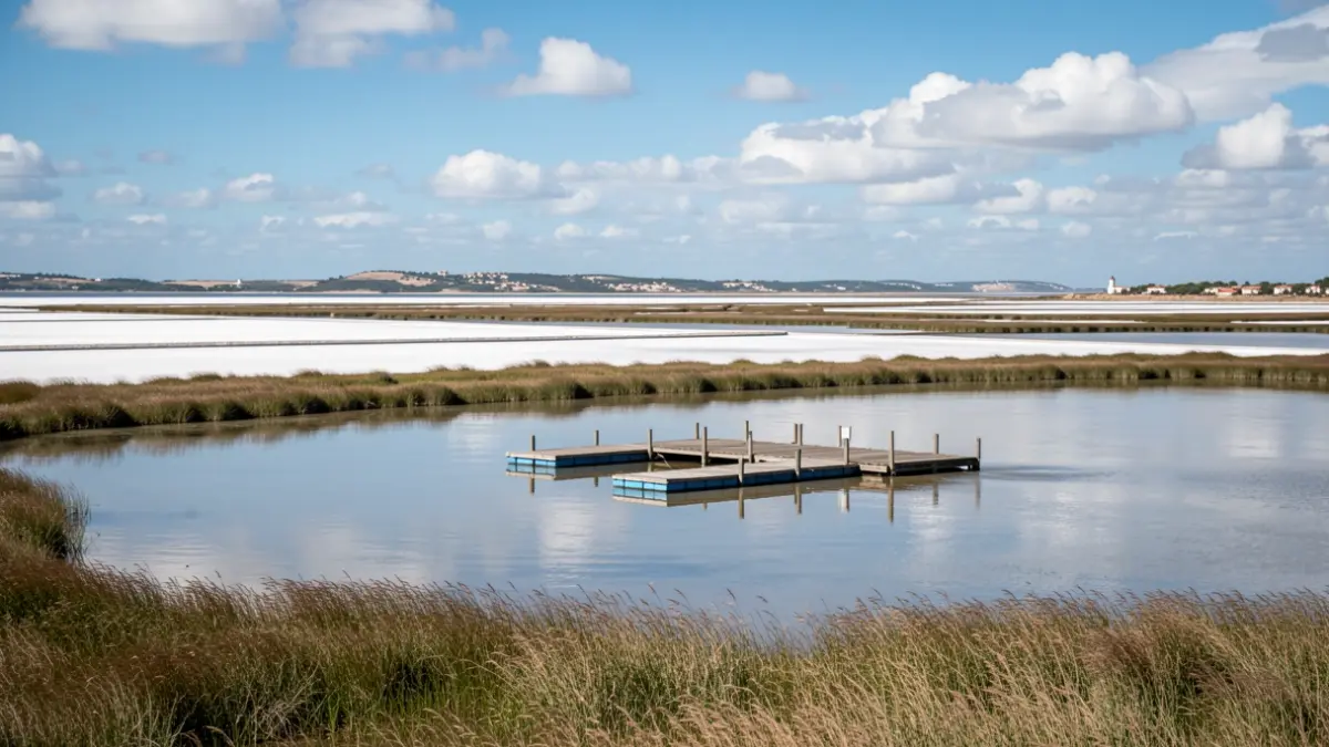 Paisaje de salinas y marismas en la Bahía de Cádiz con un embarcadero.