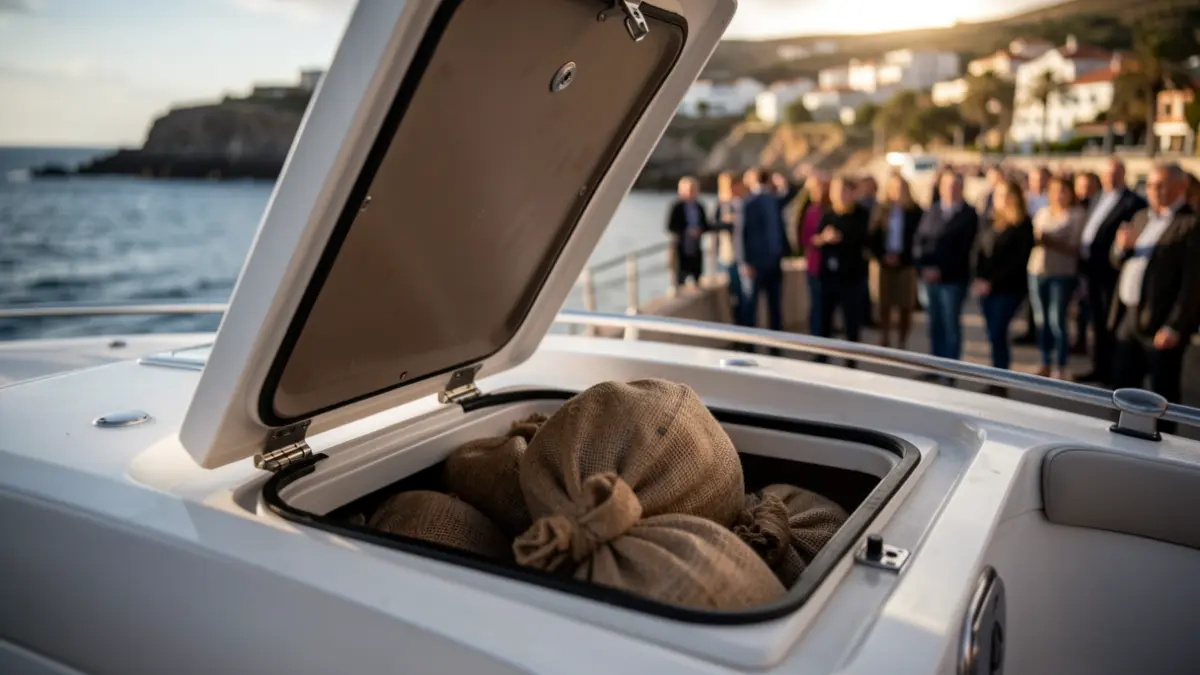 Hidden compartment of a recreational boat with concealed burlap sacks of hashish.