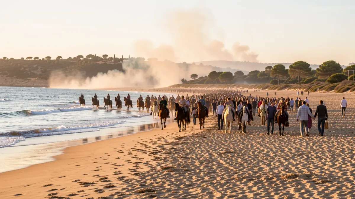 Image of brotherhoods returning along the beach in Cádiz due to a fire in Doñana.