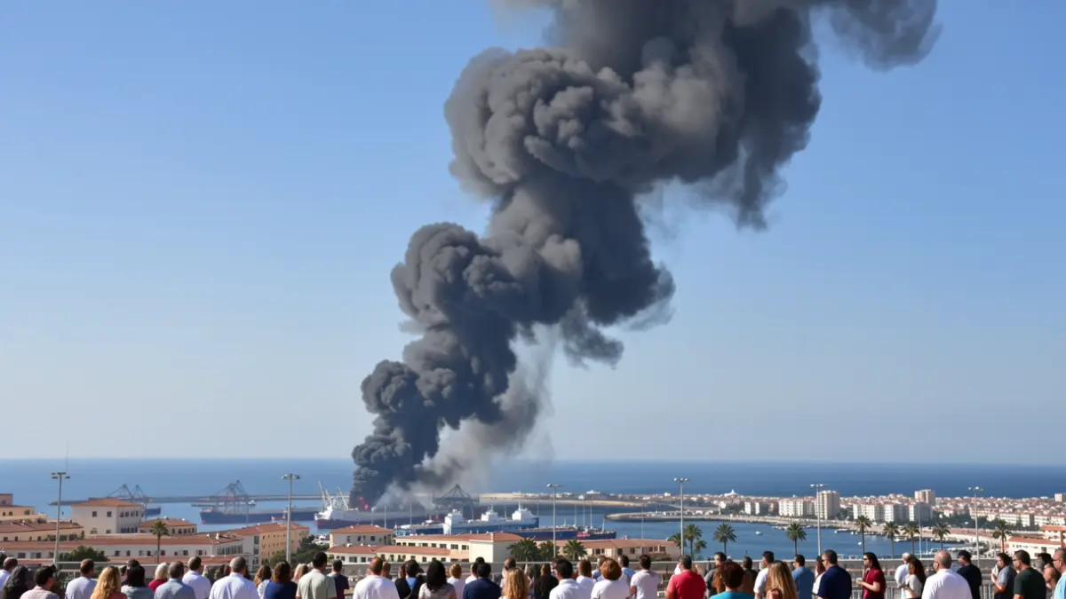 Gran columna de humo negro elevándose desde el Puerto de Almería.
