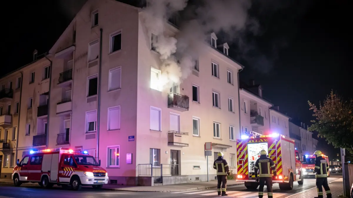 Imagen de un edificio residencial en Estepona con humo saliendo de una ventana y servicios de emergencia en la calle.