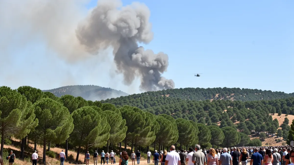 Imagen de una columna de humo elevándose sobre una ladera de pinar en Andalucía, con un helicóptero a lo lejos.