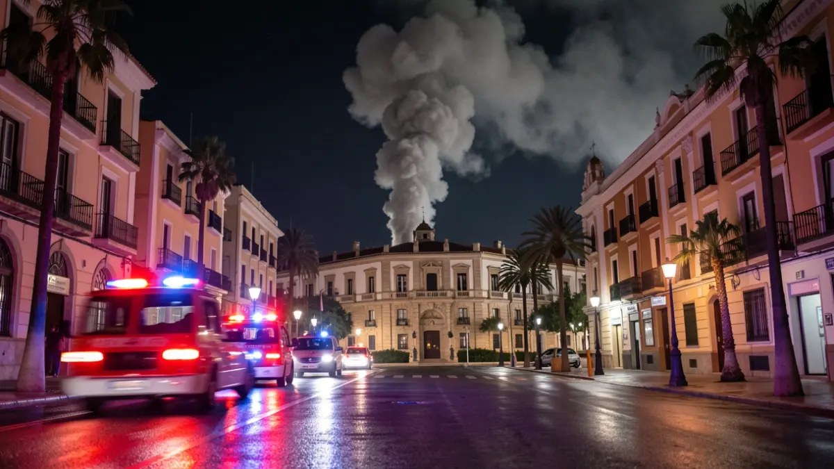 Imagen genérica de humo saliendo de un edificio en Málaga por la noche, con luces de emergencia.
