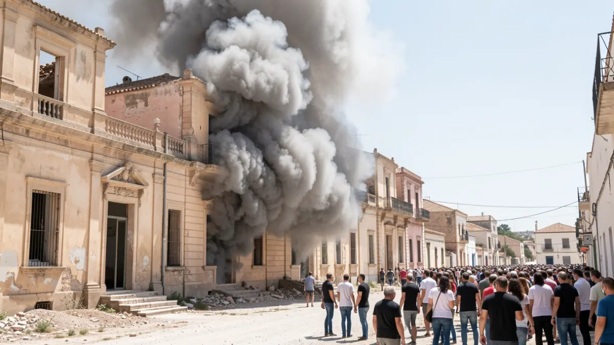 Imagen genérica de una columna de humo saliendo de la fachada de un edificio histórico abandonado en Almería.