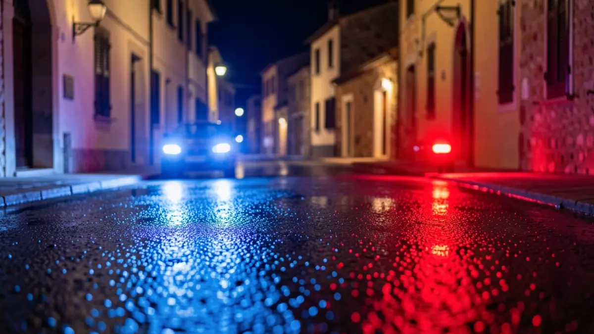 Generic image of police emergency lights reflecting on wet asphalt at night.