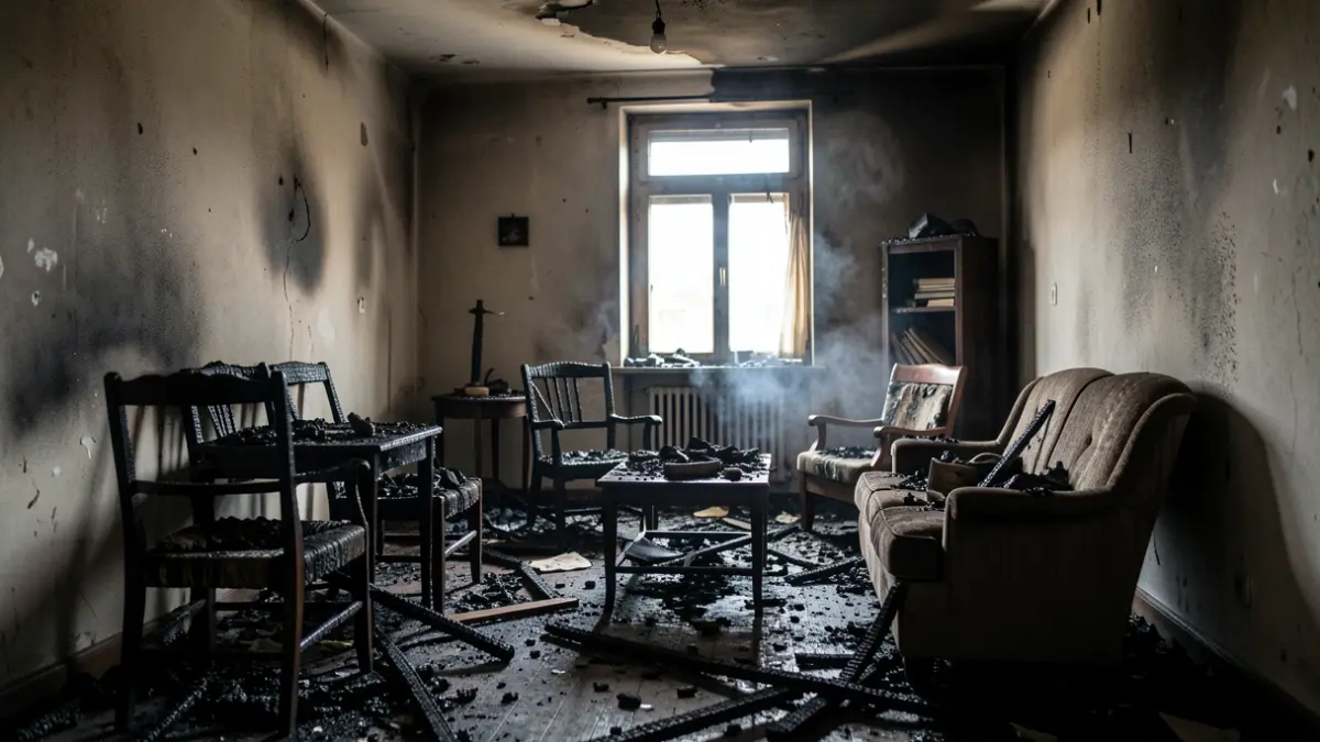 Charred room of a home after a fire in Jaén.