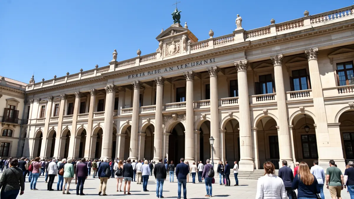 Facade of the Andalusian Parliament with columns and intense sunlight.