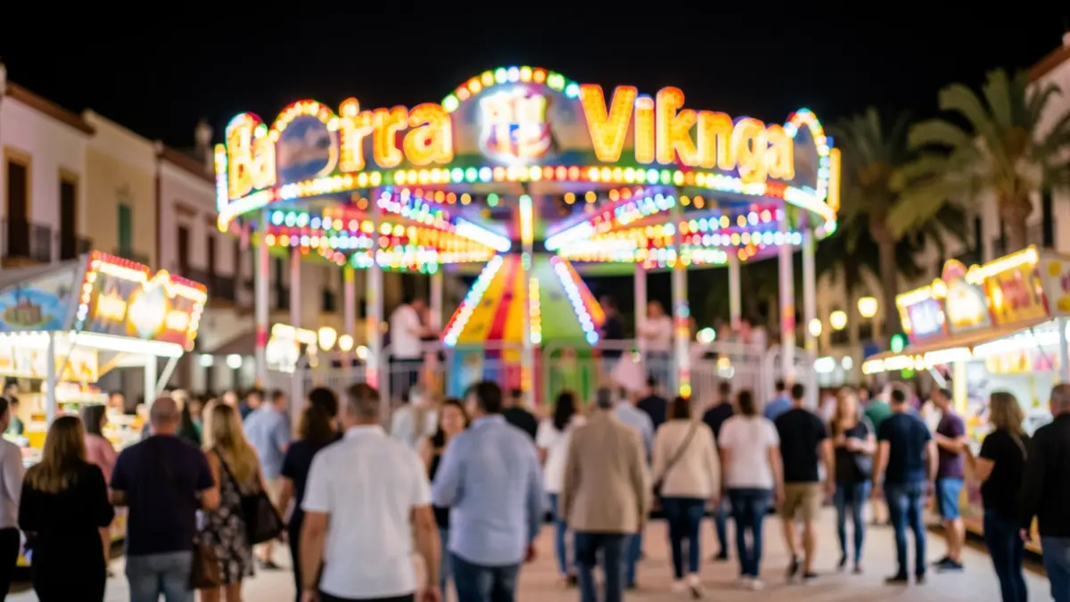 Imagen genérica de la atracción 'Barca Vikinga' durante la Feria de Córdoba por la noche.