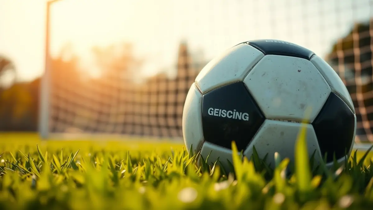 Generic image of a soccer ball on grass, with a blurred goal in the background.
