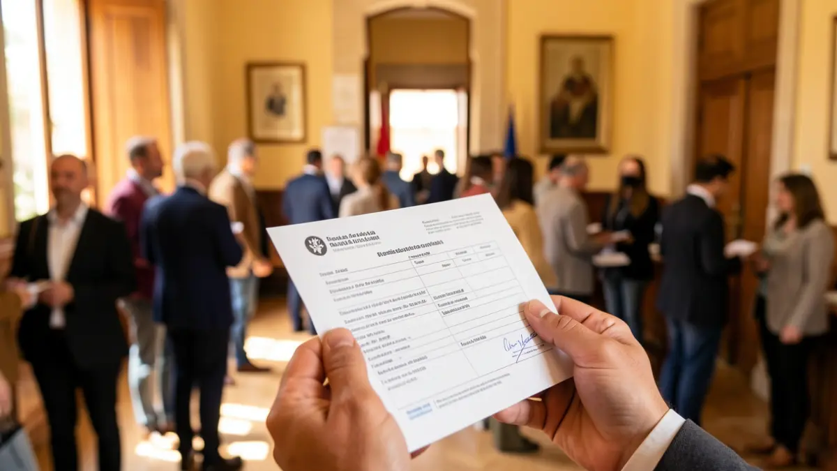 Close-up of a hand holding a Spanish residency application form, with a blurred background of a government office interior in Andalucía.