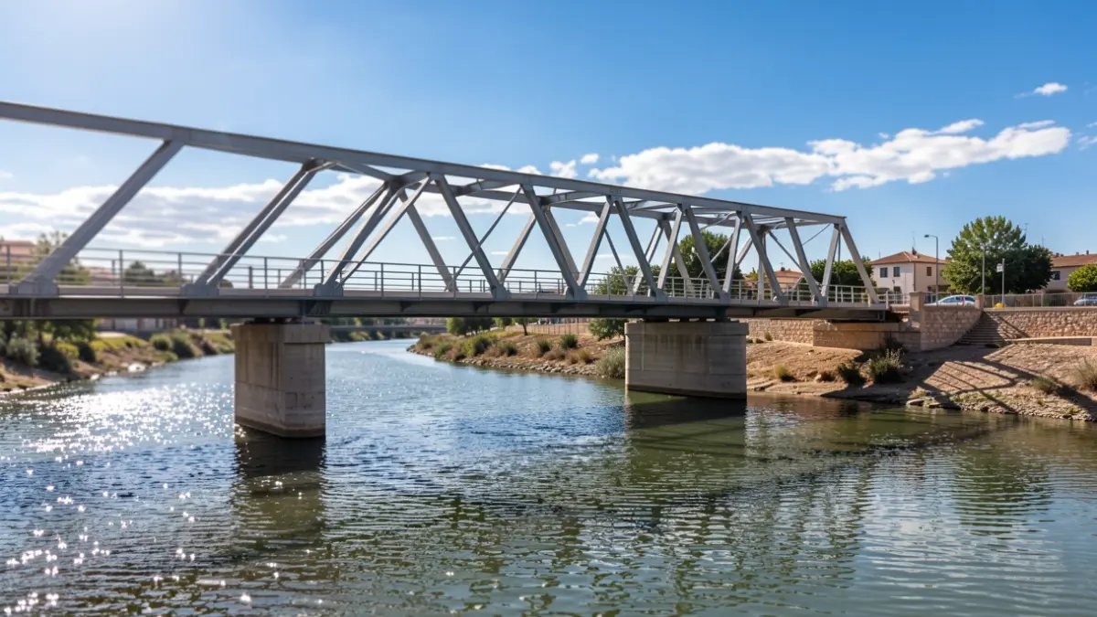 Instalación de una nueva pasarela metálica sobre el río Guadaíra en Alcalá de Guadaíra.