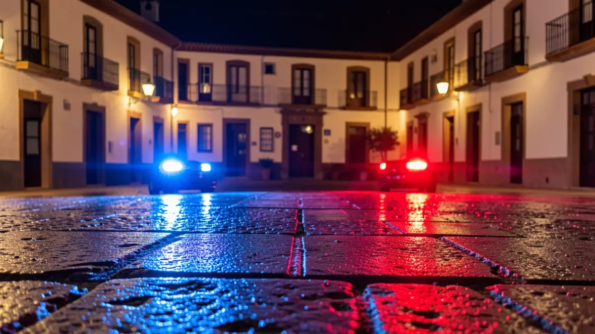 Imagen genérica de luces de emergencia policiales reflejándose en el asfalto mojado por la noche en una plaza andaluza.