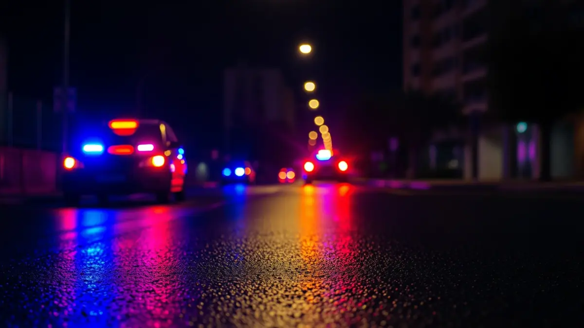 Generic image of police emergency lights reflecting on asphalt.