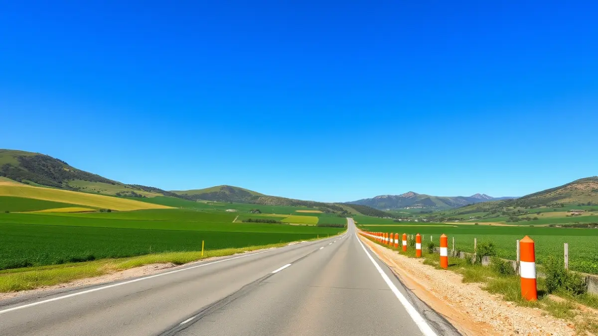 Imagen de una carretera recién asfaltada en la provincia de Granada, con el paisaje andaluz de fondo.