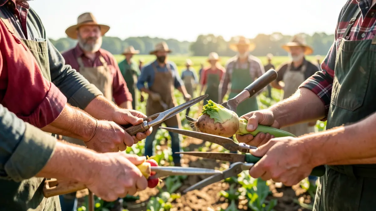 Hands of seasonal farmworkers holding tools and harvest produce, with a blurred field in the background.