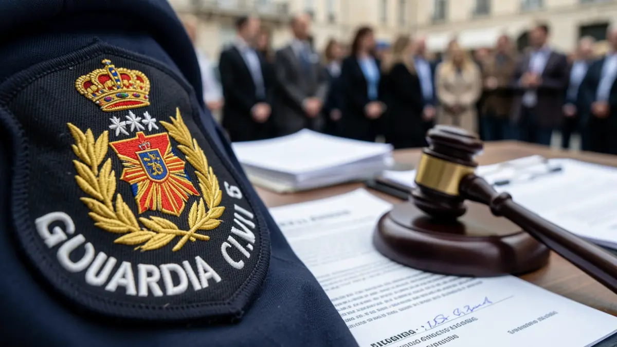 Placa de la Guardia Civil con documentos y un mazo de juez de fondo.