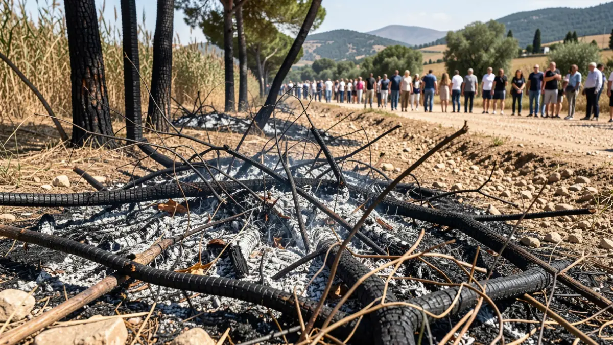 Imagen de restos de poda quemados y vegetación carbonizada en el cauce de un arroyo.