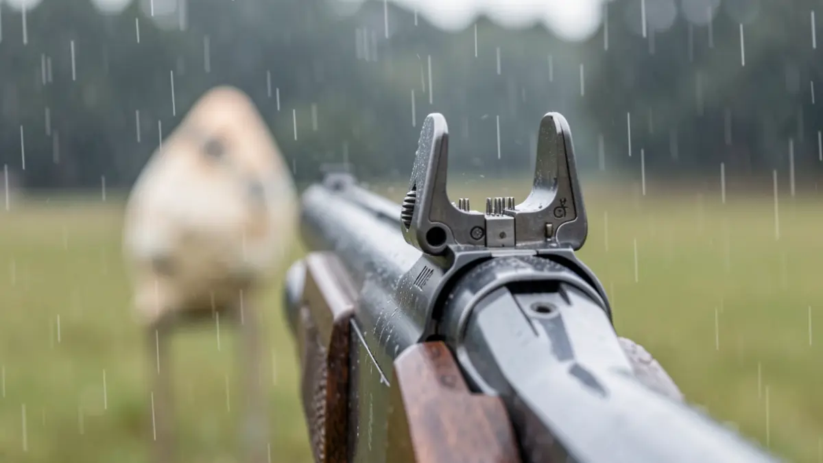 Primer plano de la mira de una escopeta de tiro olímpico con un plato de arcilla desenfocado al fondo y efecto de lluvia.