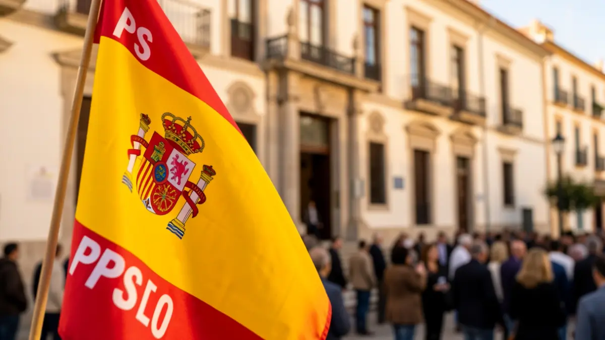 Imagen genérica de una bandera del PSOE con un edificio institucional andaluz al fondo.