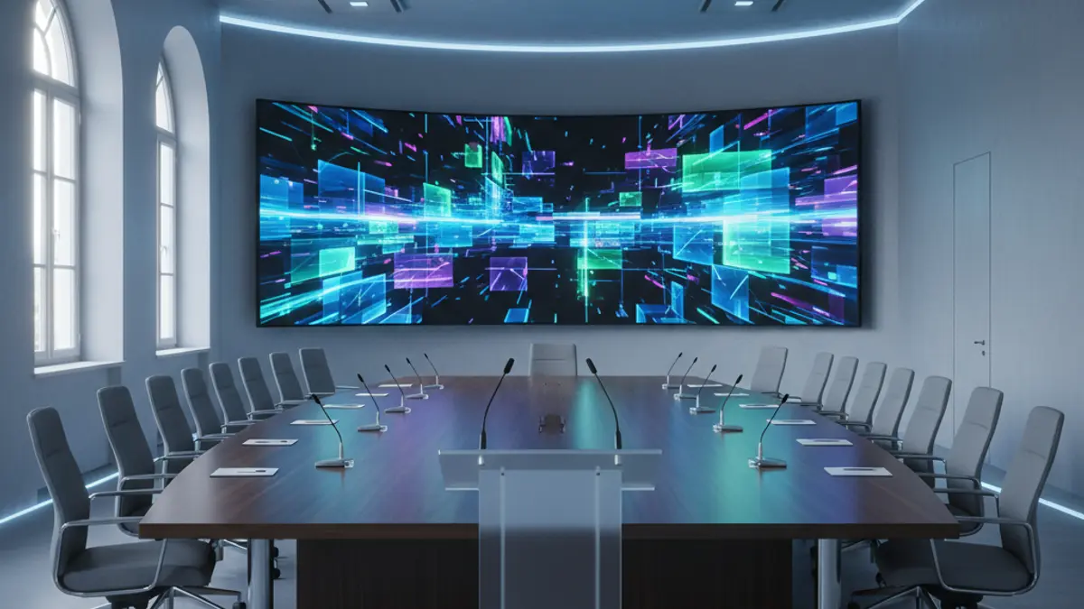Generic image of a modern conference room with digital screens and a podium, symbolizing a technology event.