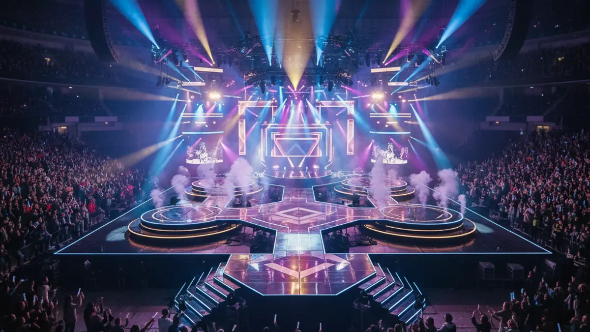Escenario de un concierto de K-Pop con iluminación espectacular y varios niveles.