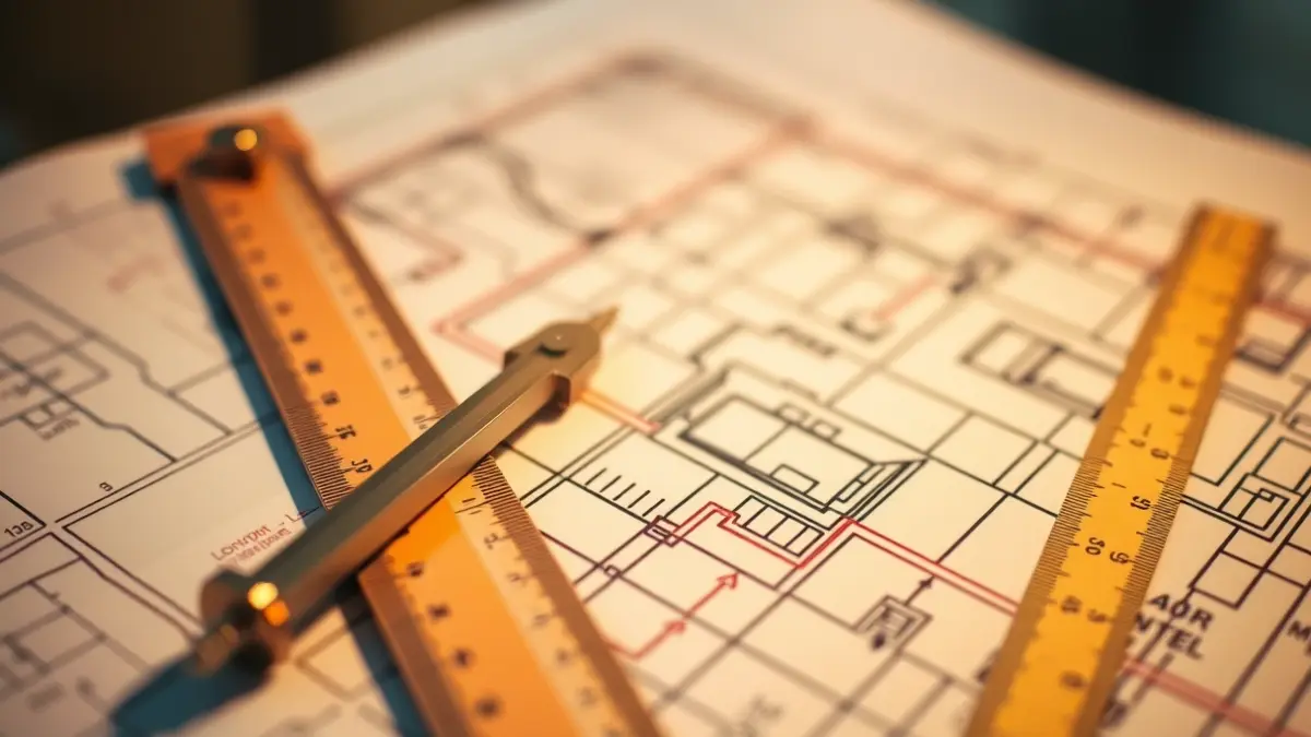Generic image of engineering or architectural blueprints with drawing tools.