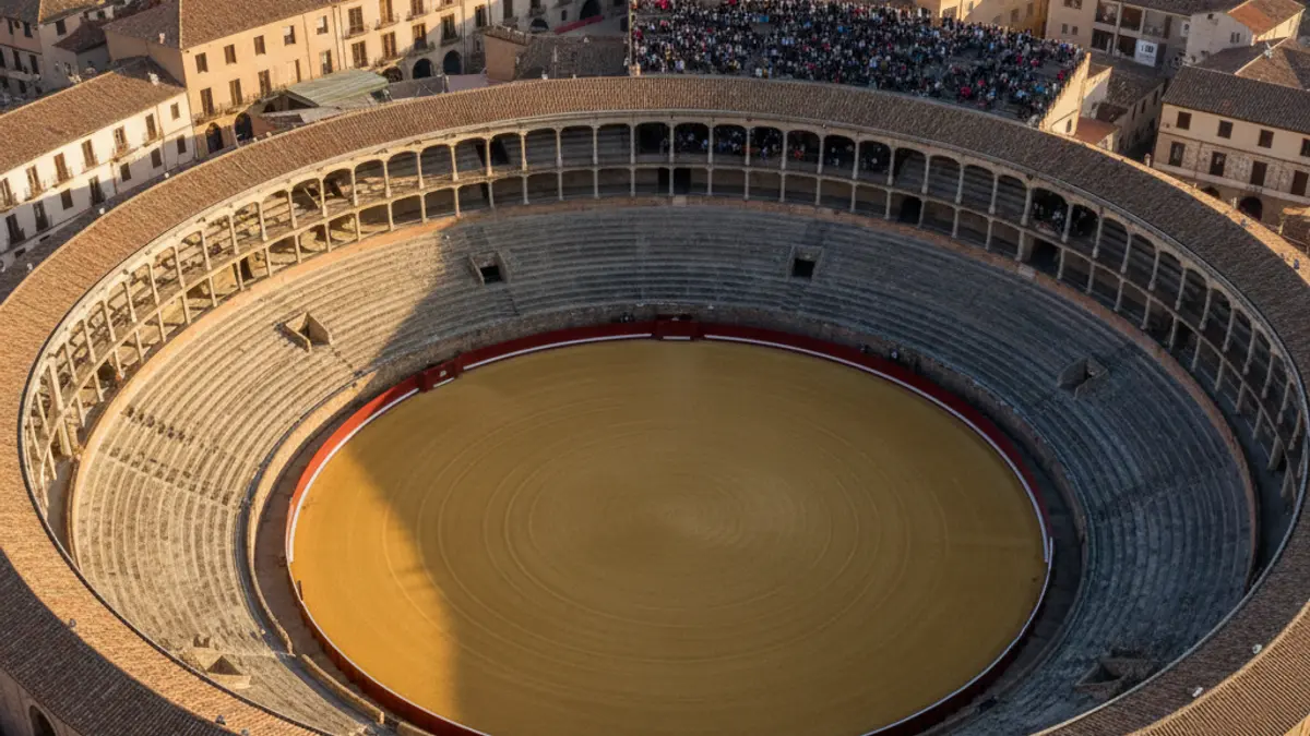 Imagen genérica de una plaza de toros vacía bajo la luz del sol.