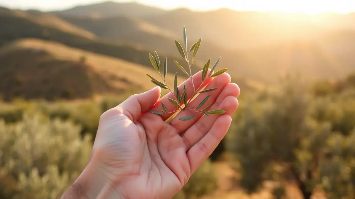 Image of an olive branch in a Jaén field, symbolizing investment in rural properties.