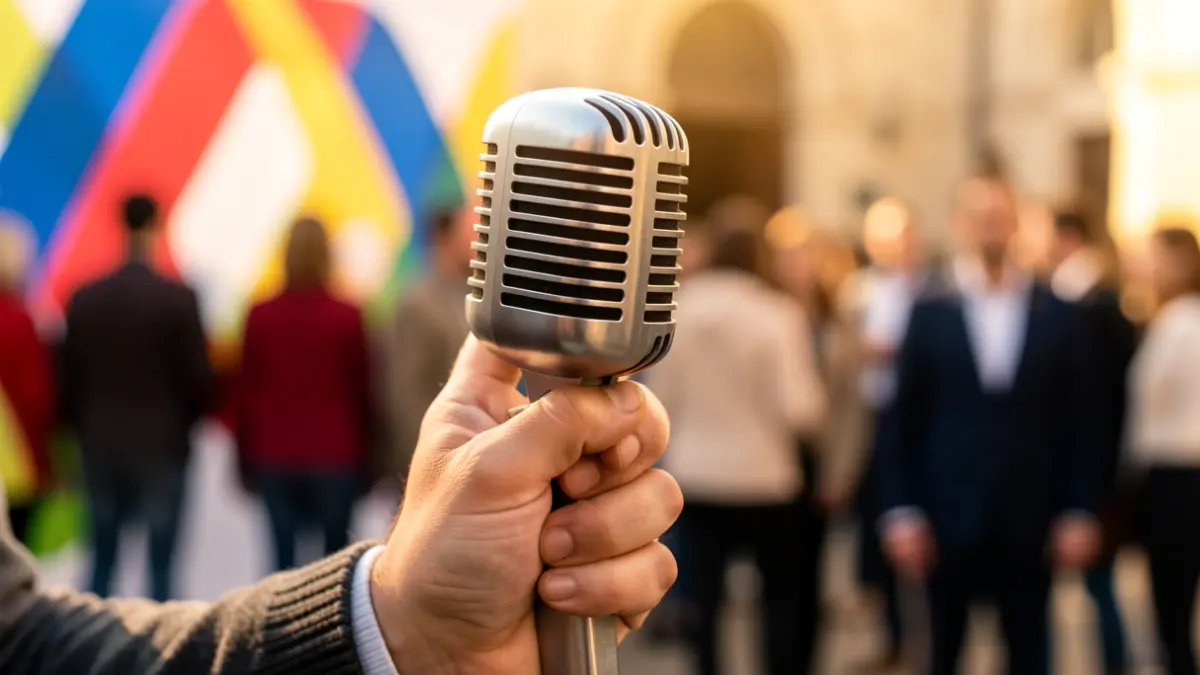Close-up of a hand holding a vintage microphone, with blurred abstract shapes and colors in the background, symbolizing addiction treatment and support services, warm and hopeful lighting.