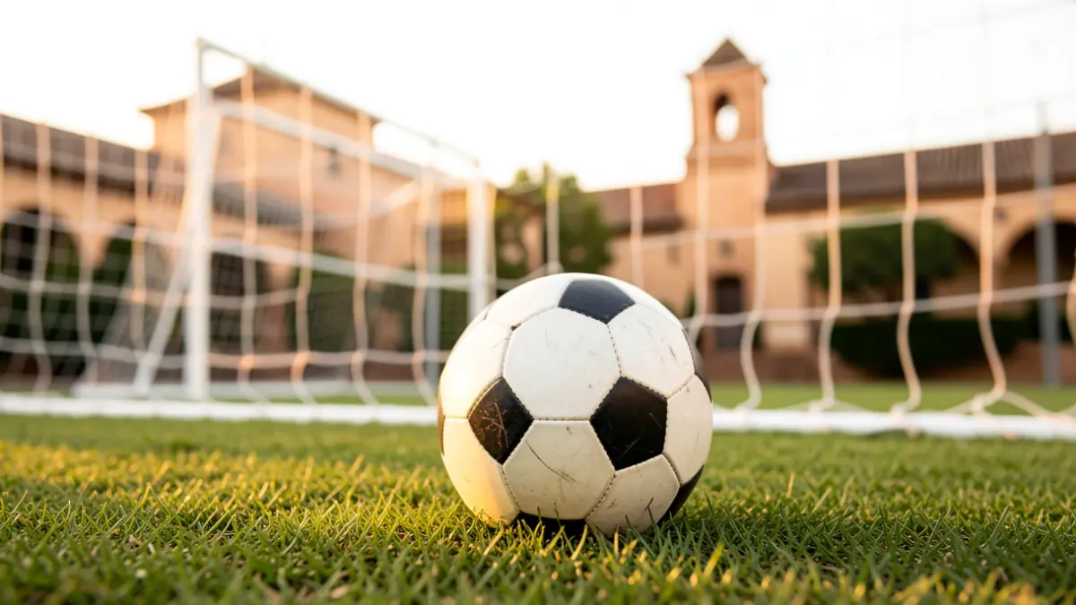 Imagen genérica de un balón de fútbol sobre césped con una portería desenfocada al fondo.
