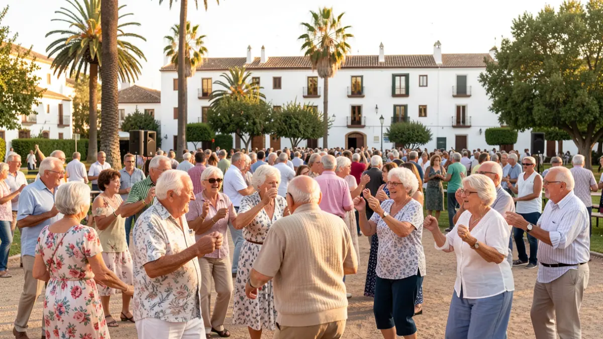 Imagen genérica de una verbena popular con personas mayores disfrutando de la música y el baile en un parque andaluz.