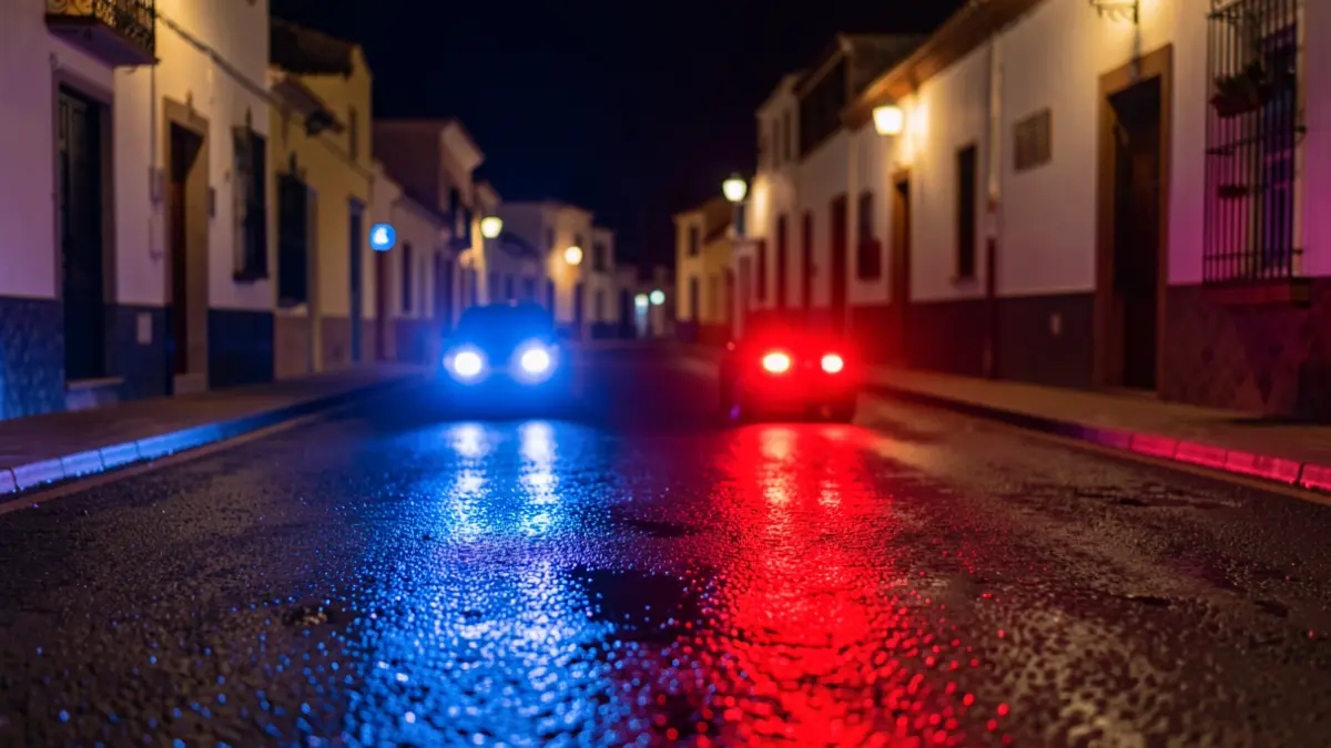 Imagen genérica de luces de emergencia policiales reflejándose en el asfalto mojado.