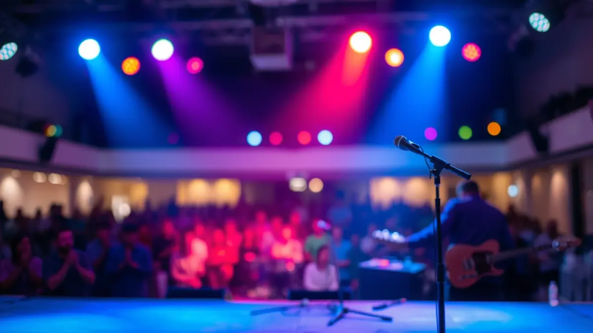 Generic image of a performance stage with colorful lights and a blurred audience.