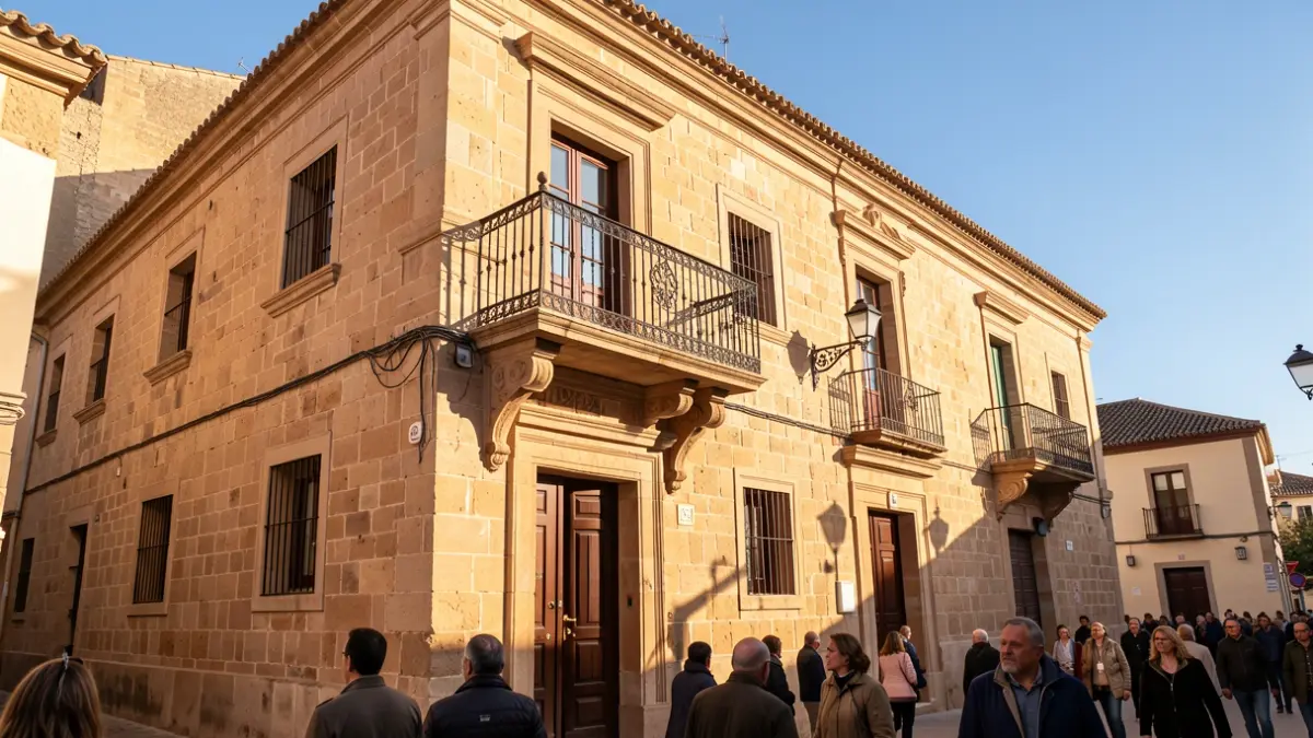 Fachada de un ayuntamiento de piedra en Jaén con balcón y barandillas de hierro, bajo la luz del sol de la tarde.