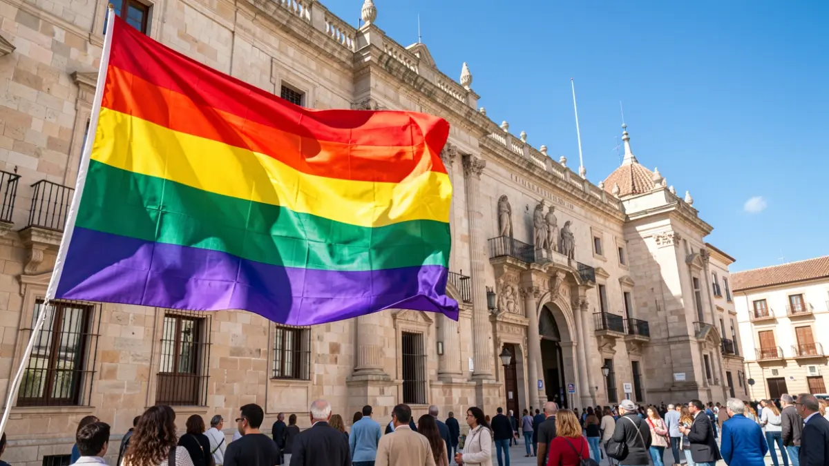 Rainbow flag unfurled in front of the Jaén City Hall.