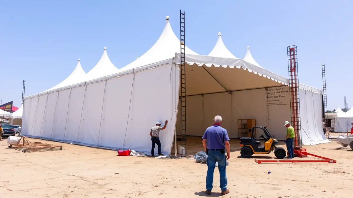 Workers setting up stalls and structures for the Horse Fair in Jerez.