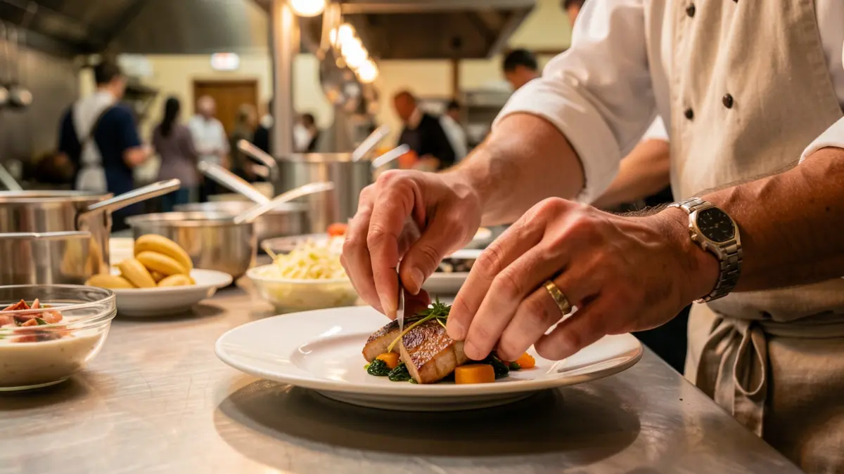 Close-up of a chef's hands plating a dish in a professional kitchen.