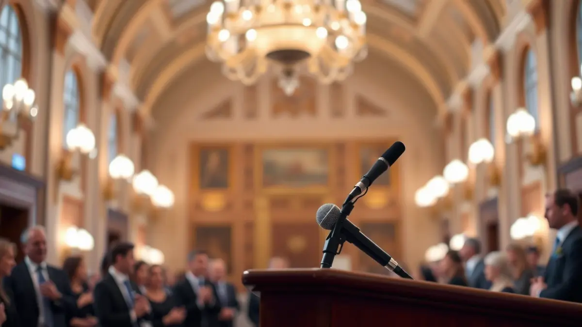Generic image of a business event with a podium and microphone.