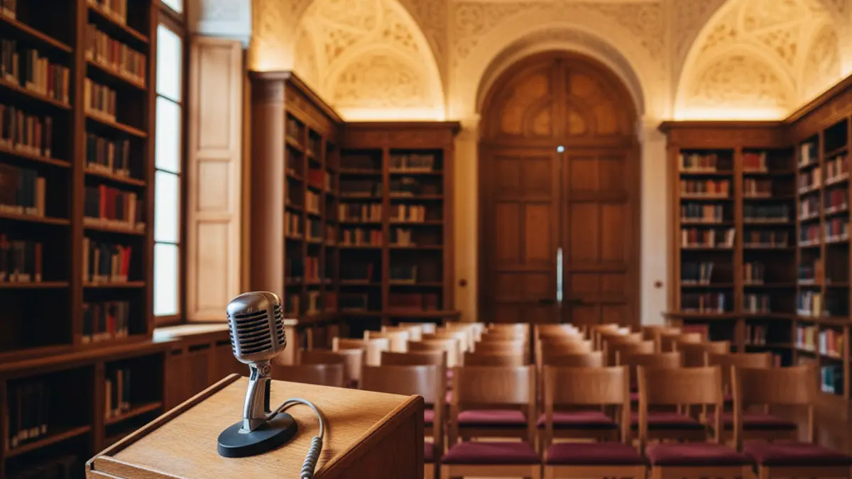 Imagen genérica de una biblioteca o sala de lectura con ambiente cálido.