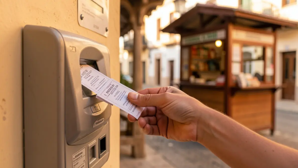 Close-up of an ONCE lottery ticket dispenser with a hand reaching for a ticket.