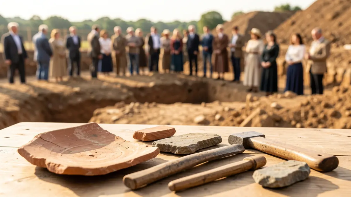 Restos arqueológicos y herramientas de piedra sobre una mesa, con un yacimiento de excavación desenfocado al fondo.