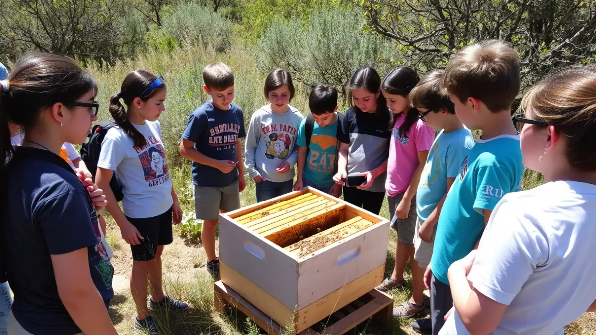 Image of students learning about beekeeping in a natural environment.