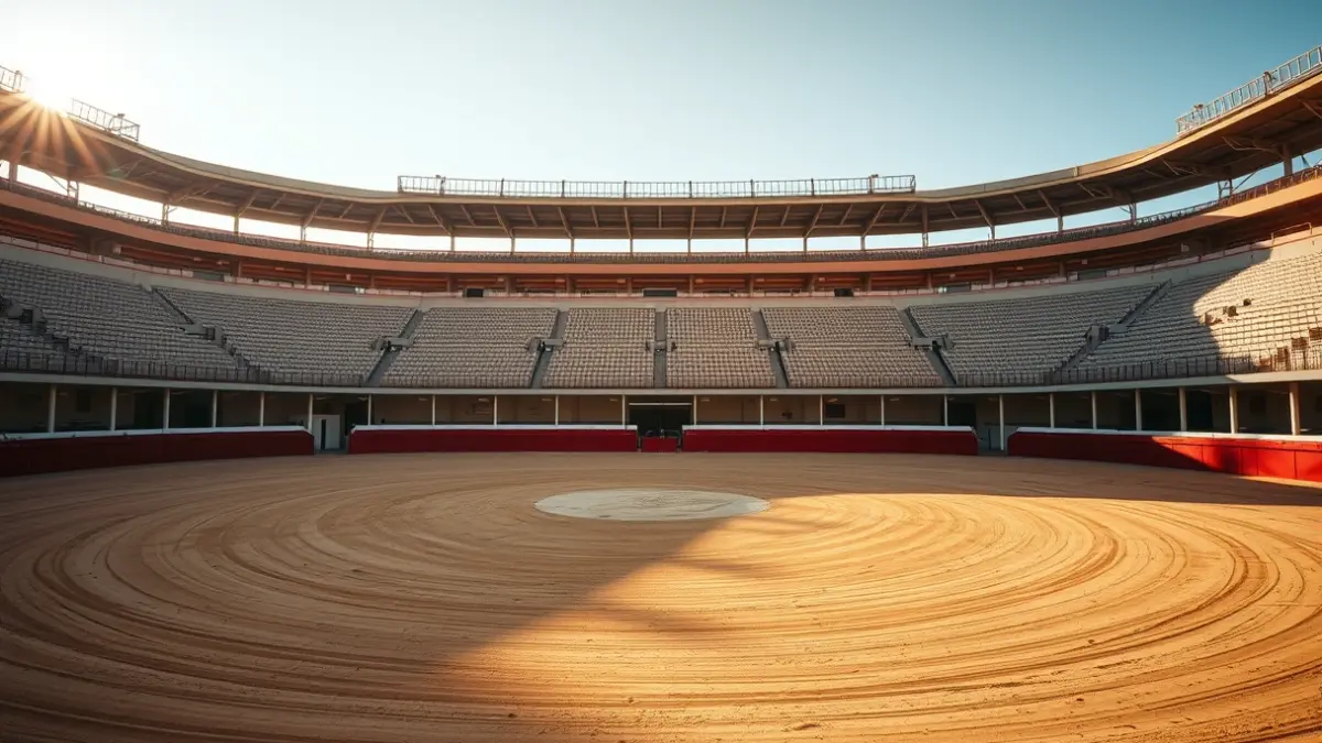 Generic image of an empty bullring under the sun.