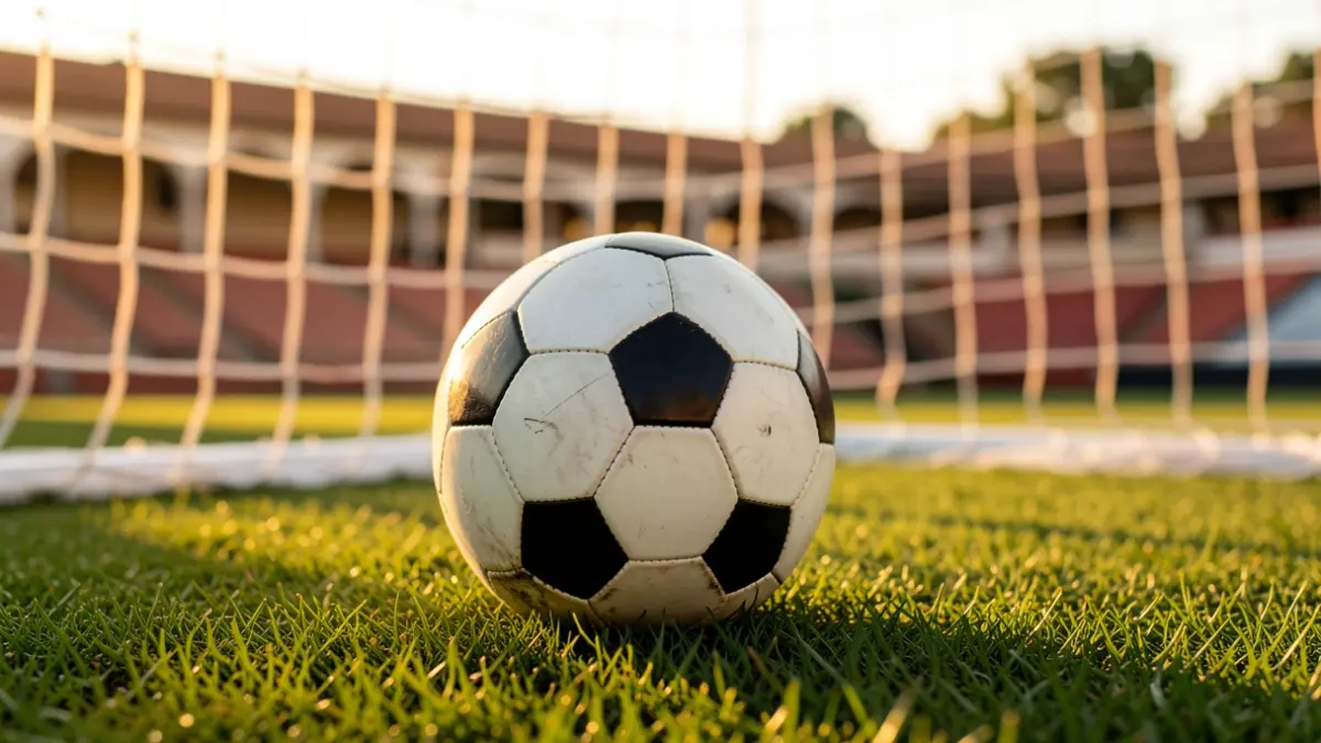 Generic image of a football on grass with the goal net blurred.
