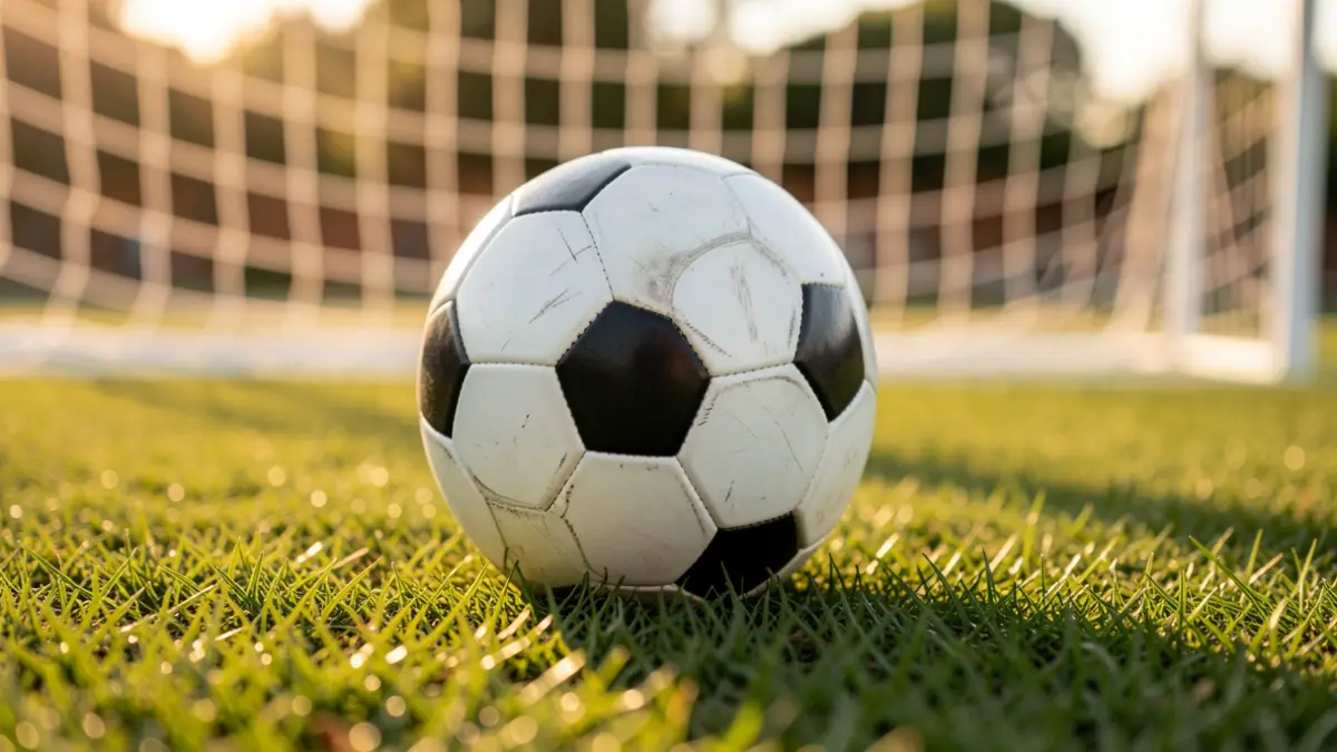 Generic image of a soccer ball on grass with a blurred goal net in the background at sunset.