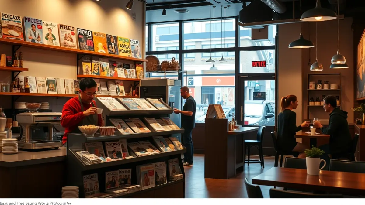 Imagen de un quiosco moderno que también funciona como cafetería, con revistas y clientes.