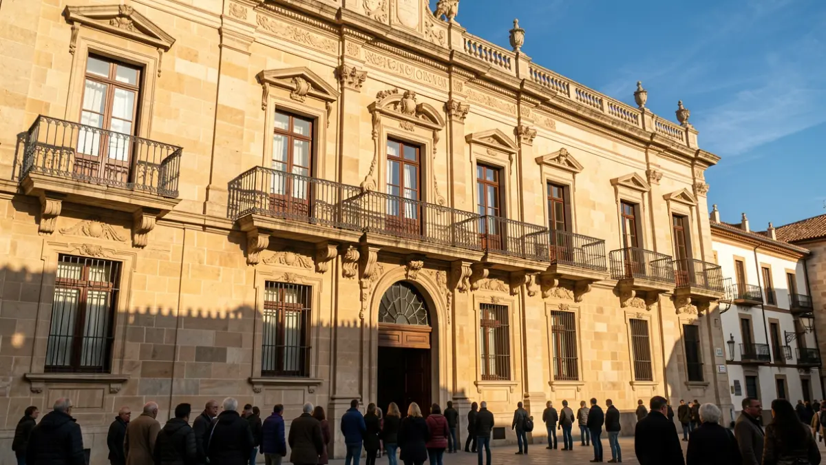Fachada del Ayuntamiento de Granada con balcones ornamentados y barandillas de hierro, luz cálida de la tarde proyectando sombras sobre las paredes de arenisca, cielo azul.