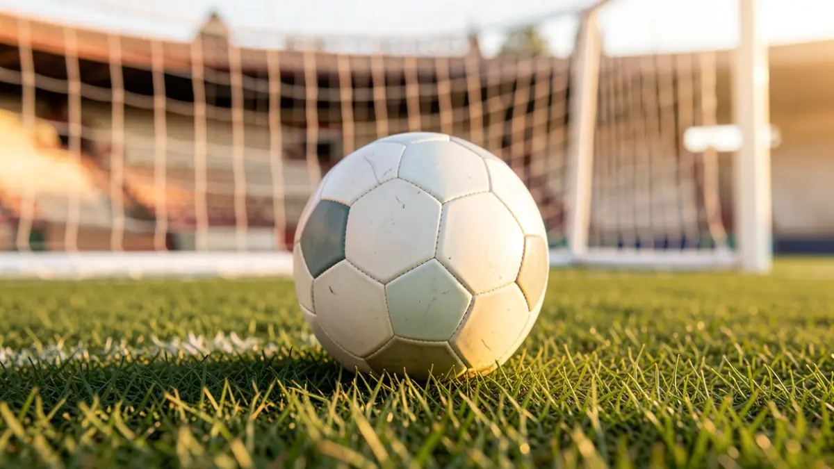 Generic image of a soccer ball on grass with the goal net blurred.